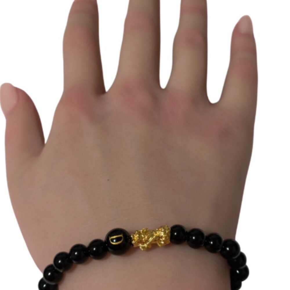 18K Gold Pixiu Piyao Bracelet Gemstones Onyx 6mm Elastic Bracelet Letter D - Picture 6 of 6